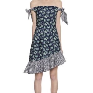 House of Holland Floral & Gingham Print off-the-Shoulder Asymmetric Flowy Dress